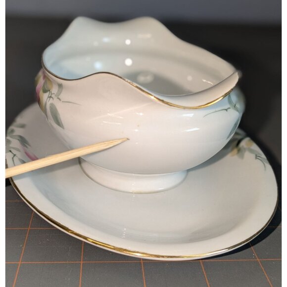 Noritake Azalea Gravy Boat Attached Underplate green M mark sauce - Picture 7 of 15